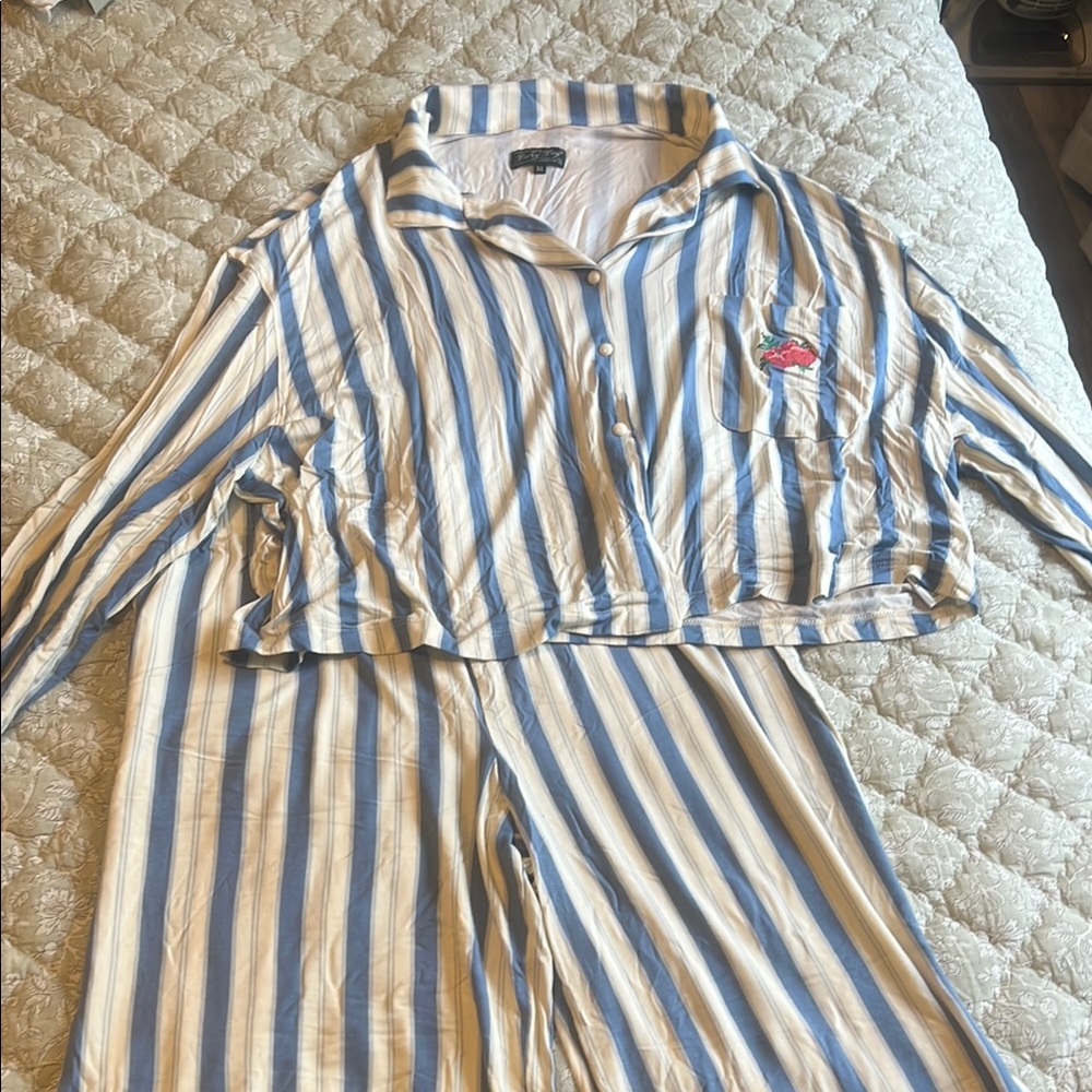 Women's Blue and White Striped Pajama Set